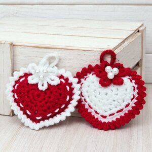 Handmade set of 2 stuffed heart ornaments, crochet ornaments, 3 x 3